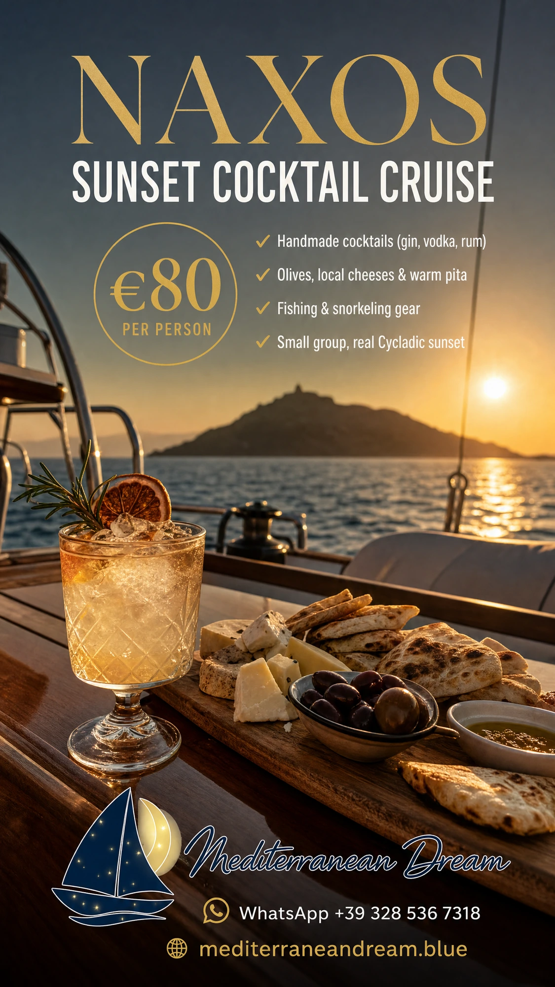 Sunset cocktail cruise in Naxos, €80 per person